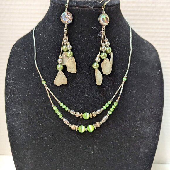 Silver Tone Green Bead Circle Round Dangle Drop Earrings Necklace Set Jewelry - Picture 1 of 10